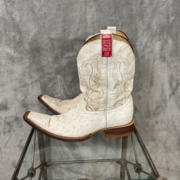 Luro LB Cowboy Boots Pointed J Toe Exotic Ostrich Leather men’s 8.5 White - Picture 1 of 7